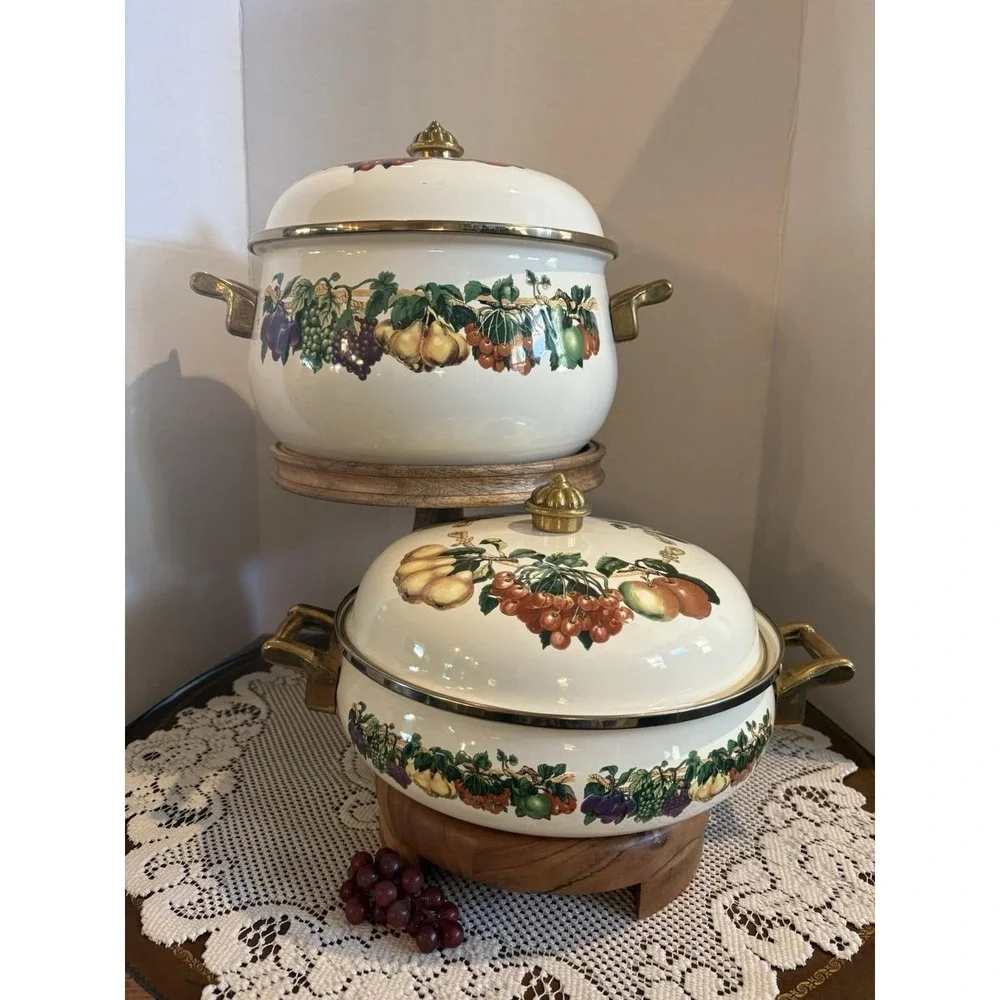 Kensington Garden Enamel and Brass Fruit Pans,5 QT Dutch Oven and 4 QT Casserole